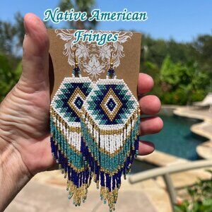 Handmade Beaded Native American Style Long & Large Fringe Dangle Drop Earrings